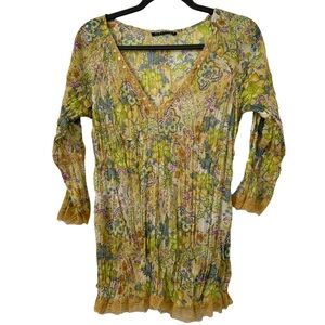 Mechant Y2K Hippie‎ Crinkle Green Floral Embellished Top Size M